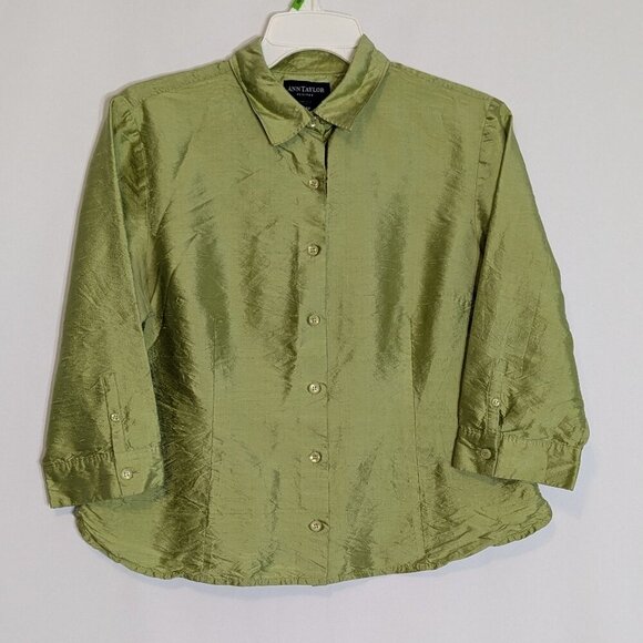 ANN TAYLOR Lime Green 100% Silk Short Slim Fit Button Blouse Top; Size 12P - Picture 1 of 4